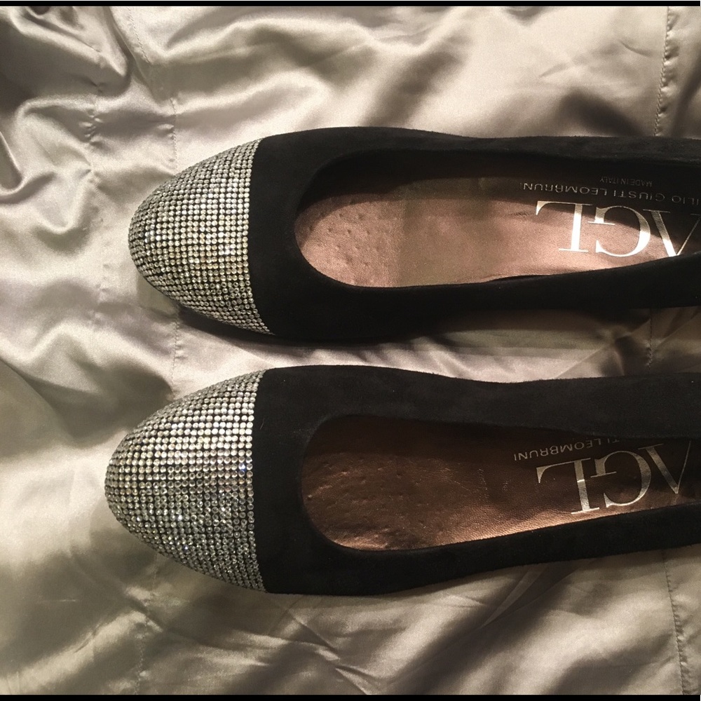 AGL Black Suede with Silver Rhinestones Flats